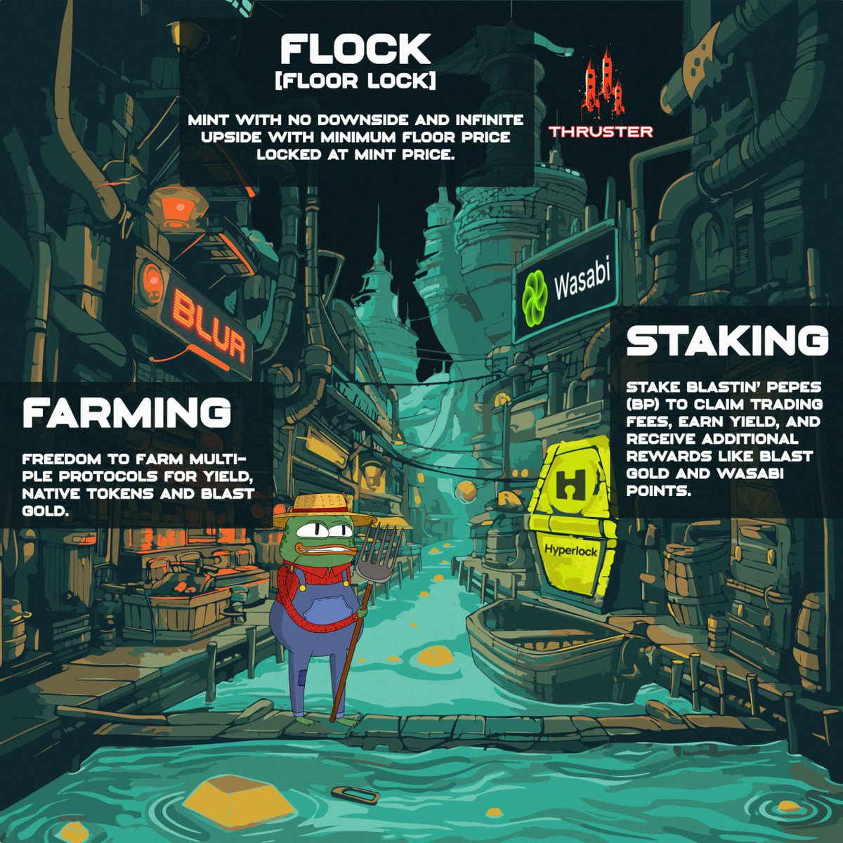 What if I told you there was a collection of 10k Pepes, ready to take the @Blast_L2  ecosystem by storm?

▫️ Mint with zero downside via locked mint price

▫️ Partnerships with leading protocols including <a href="/wasabi_protocol/">Wasabi Protocol 🟢</a>, <a href="/ThrusterFi/">Thruster</a>, and <a href="/hyperlockfi/">Hyperlock Finance</a>

▫️ Stake to Earn Points,