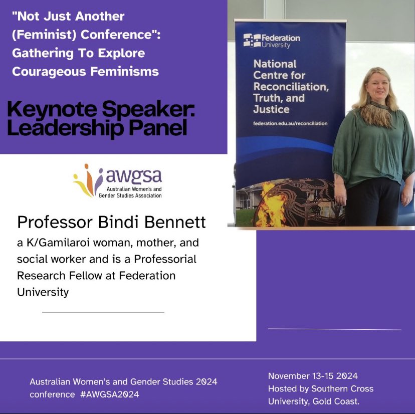 🌟 Join us at  AWGSA 2024 conference where Prof Bindi Bennett will be sharing insights on our leadership panel! Dr Bindi Bennett is a K/Gamilaroi woman &amp; a Professorial Research Fellow at Federation University. 
CFP extended to June 1st! Email  abstract: awgsa2024@gmail.com