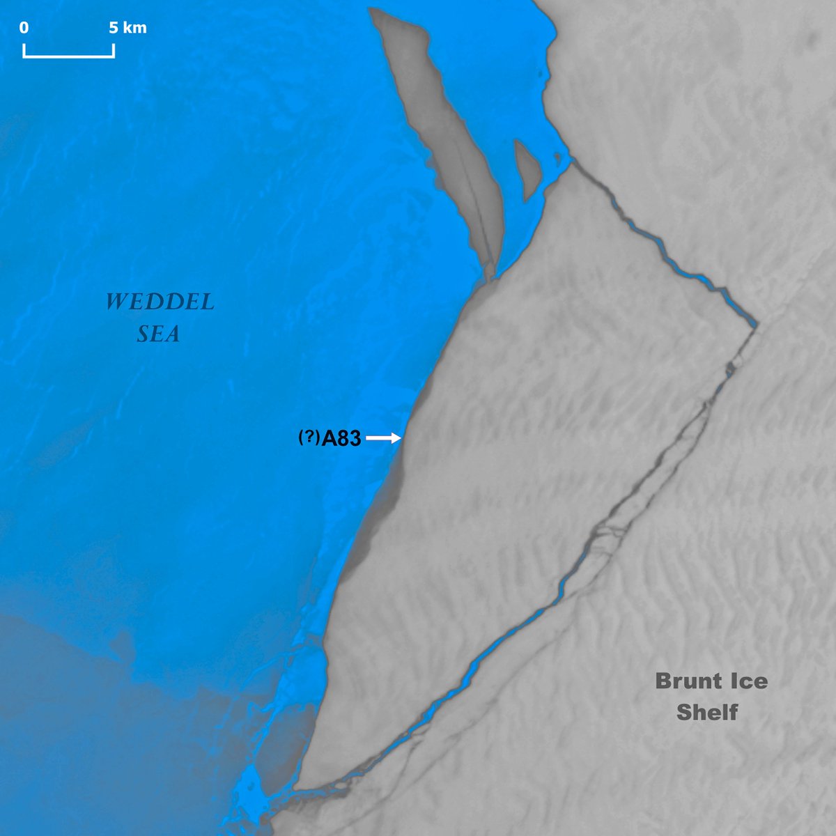 🔴🔵⚠️🧊🇦🇶Few hours after calving, a new large #iceberg has been captured on May 20 by #Landsat 9 with its Thermal IR bands. In this false color (and rotated) zoomed 📸it is 380km2 large after breaking off #BruntIceShelf. It is the 3rd similar event in last 3 years #Antarctica