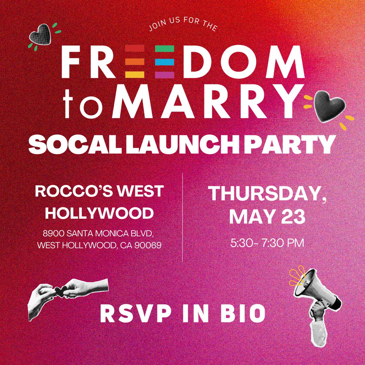 You’re invited! 🩷 Join us this Thursday from 5:30-7:30 PM at Rocco’s in West Hollywood for our campaign Launch Party! 🕺🪩🌈 RSVP link in our bio and learn more about the campaign at FreedomtoMarryCA.com.