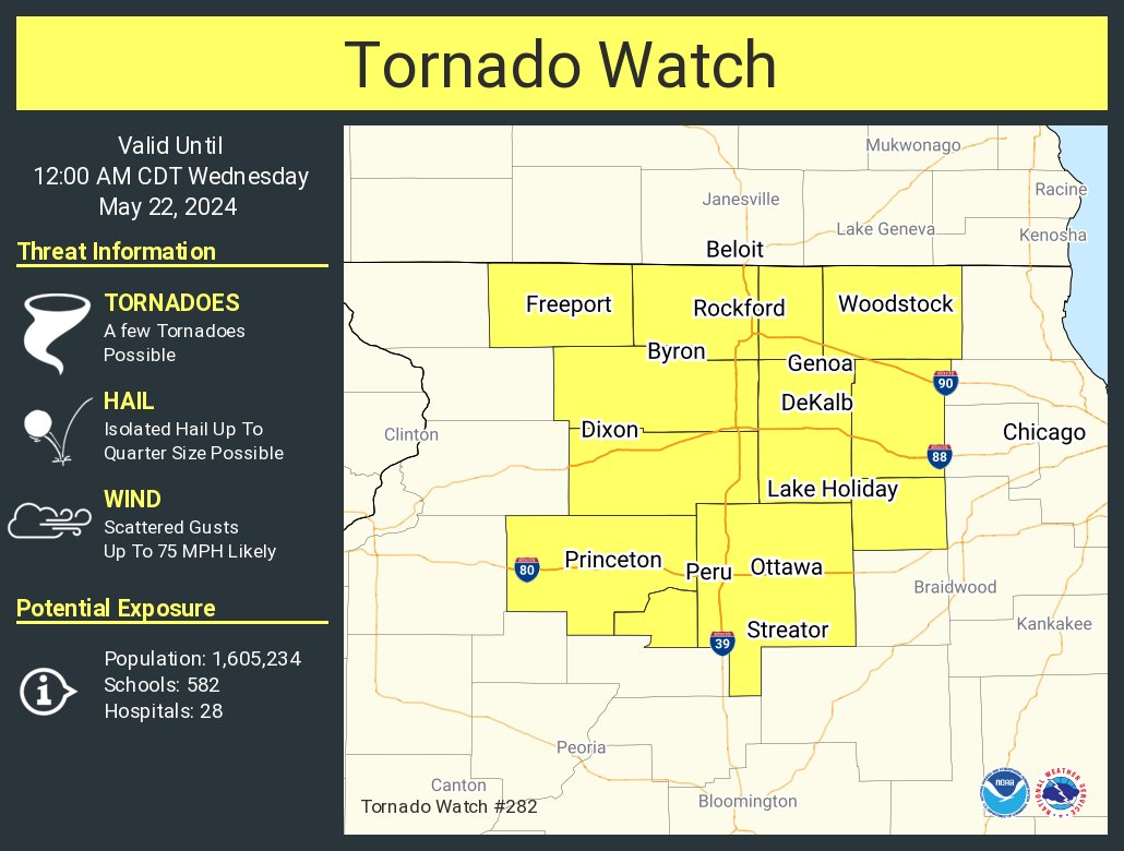 A tornado watch has been issued for parts of Illinois until 12 AM CDT