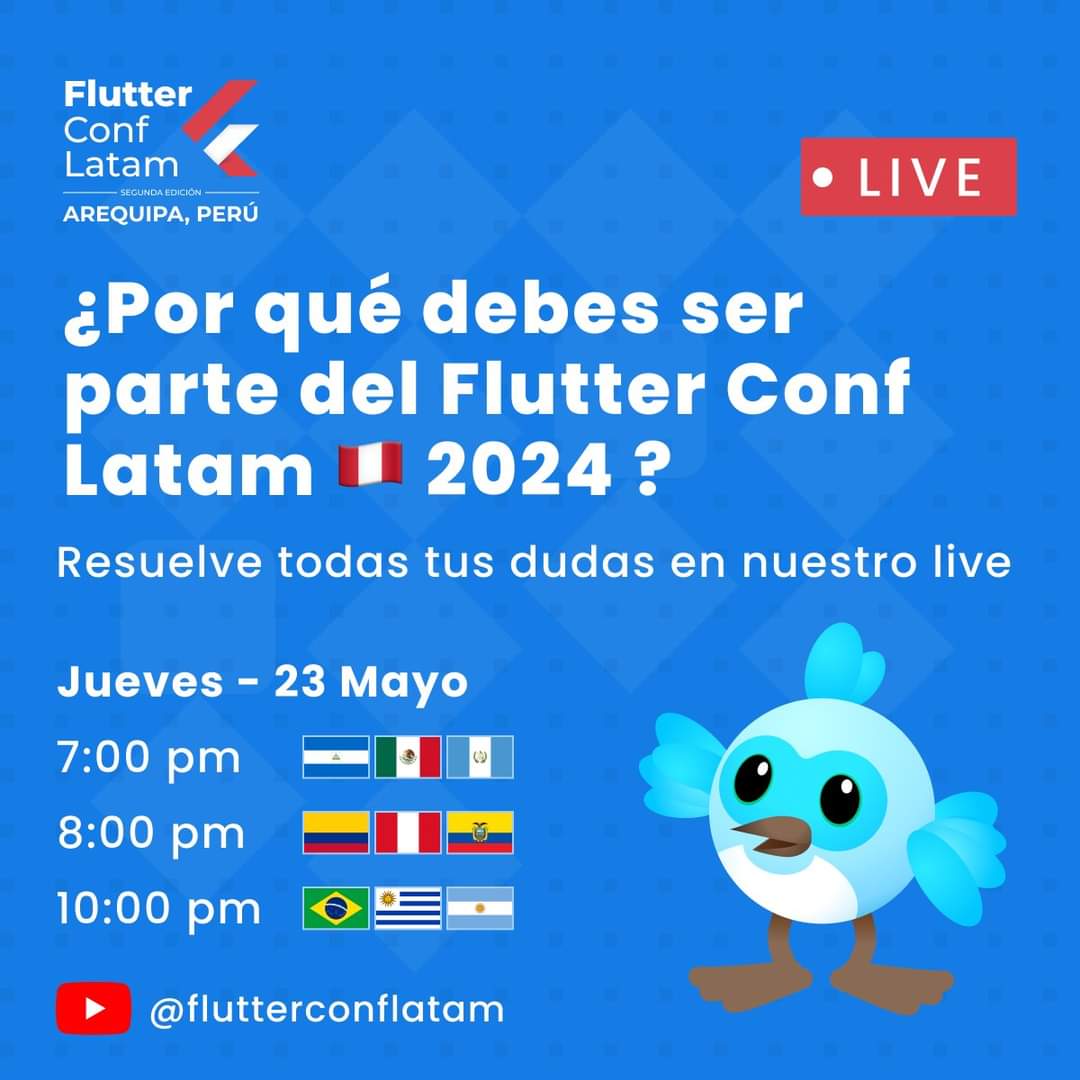 ¡Hola comunidad! Recuerden que este jueves tendremos un evento especial dónde hablaremos de #FlutterConfLatam24 y algunas sorpresas.

youtube.com/live/oM-OnHyqU…