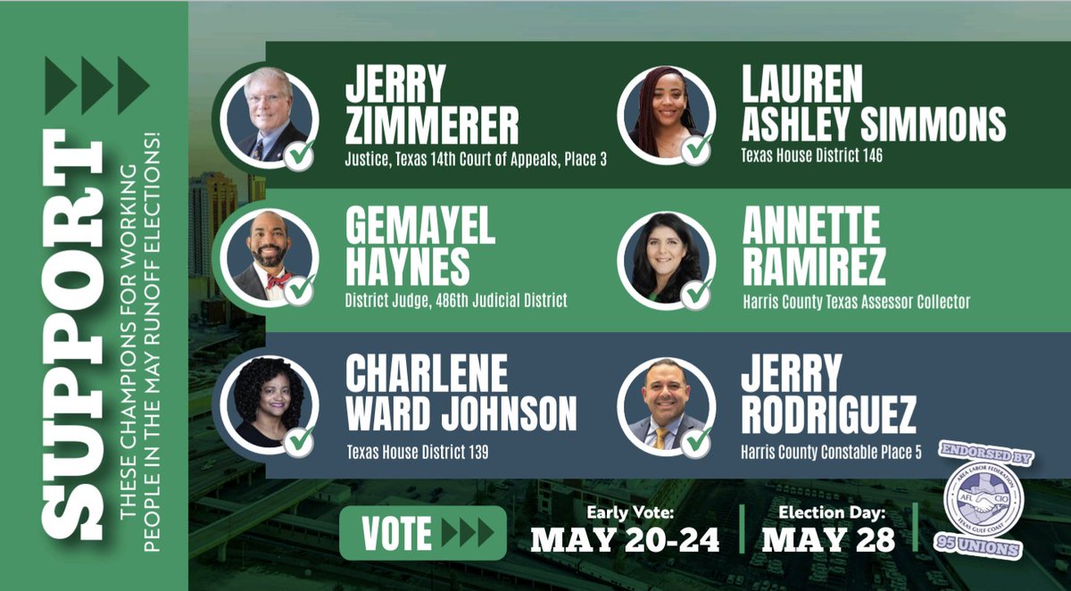 We support leaders who fight for working people. Polls open tomorrow at 7am for early voting - mark your calendar and vote for the labor slate! Vote anywhere in Harris County - find your closest polling location 👉 harrisvotes.com