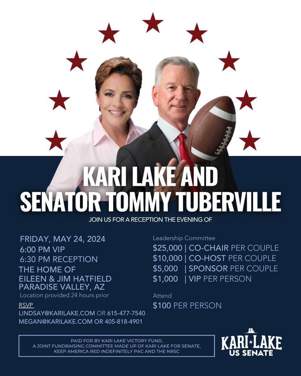 You are cordially invited to a reception in support of @KariLake, along with a special guest, @TTuberville. The event will kick off at 6:30 PM on FRIDAY, MAY 24, 2024, in Paradise Valley, Arizona. For more information or to RSVP⤵️ secure.anedot.com/kari-lake-vict…