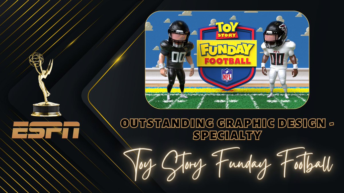 Congratulations to the ESPN, @Pixar, @DisneyPlus & @NFL teams on their 2024 @sportsemmys win for 'Outstanding Graphic Design – Specialty' for the 1st-ever Toy Story Funday Football #SportsEmmys