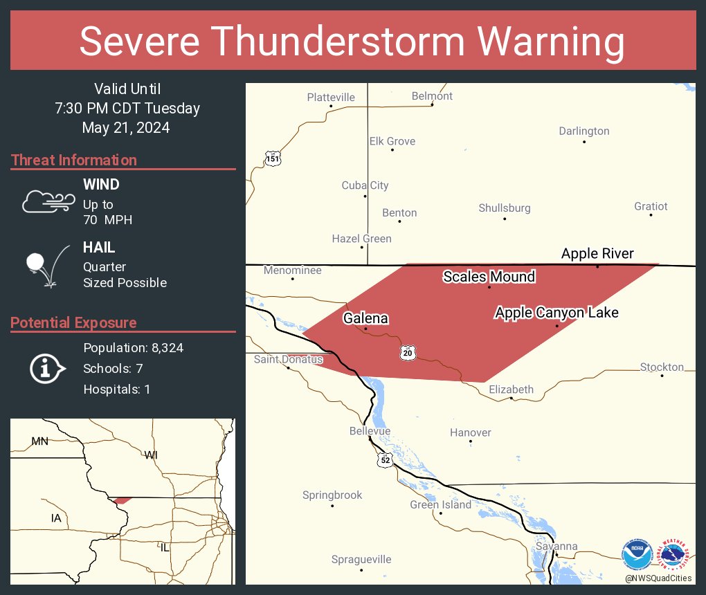 Severe Thunderstorm Warning continues for Galena IL, The Galena Territory IL and Apple Canyon Lake IL until 7:30 PM CDT. This storm will contain wind gusts to 70 MPH!