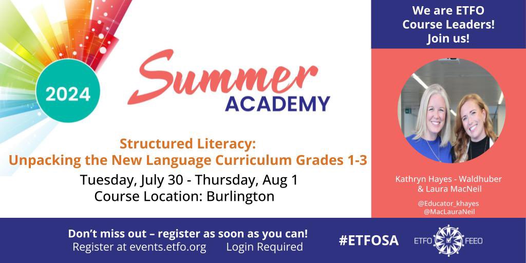 Kathryn Hayes (@educator_khayes) on Twitter photo The <a href="/ETFOeducators/">Elementary Educators</a> Summer Academy registration is now open!! Join <a href="/MacLauraNeil/">Laura MacNeil</a> and I as we unpack the language curriculum through structured literacy! We can't wait to learn alongside everyone! Don't miss out, register early!
Register @ events.etfo.org The <a href="/ETFOeducators/">Elementary Educators</a> Summer Academy registration is now open!! Join <a href="/MacLauraNeil/">Laura MacNeil</a> and I as we unpack the language curriculum through structured literacy! We can't wait to learn alongside everyone! Don't miss out, register early!
Register @ events.etfo.org