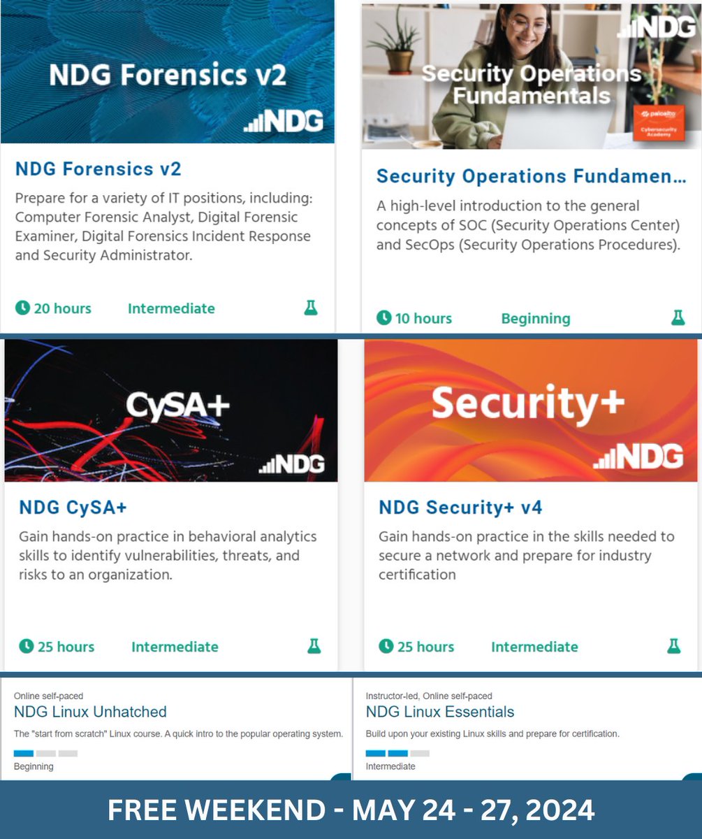 Today's Training Tuesday Highlight is NDG! They offer free and low cost training and online labs on several topics including Forensics, SOC, Security+, CySA+, Cisco Cyber Ops Associate, Linux and more! The NDG Forensics v2 labs ($50) include: Lab 01: Creating a Forensic Image