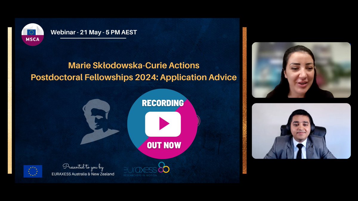 EURAXESS Australia & New Zealand (@euraxess_ausnz) on Twitter photo 🇪🇺👩🏽🔬👨🏽🔬 Did you miss our yesterday's webinar on <a href="/MSCActions/">Marie Skłodowska-Curie Actions</a> Postdoctoral Fellowships 2024: Application Advice?
⏺️Recording out now▶️youtu.be/p_Pd0BPsqr4
🌏Many thanks to ≈400 of you, joining from 61 countries, & our amazing experts, for an excellent session👏.
#Postdoc 🇪🇺👩🏽🔬👨🏽🔬 Did you miss our yesterday's webinar on <a href="/MSCActions/">Marie Skłodowska-Curie Actions</a> Postdoctoral Fellowships 2024: Application Advice?
⏺️Recording out now▶️youtu.be/p_Pd0BPsqr4
🌏Many thanks to ≈400 of you, joining from 61 countries, & our amazing experts, for an excellent session👏.
#Postdoc