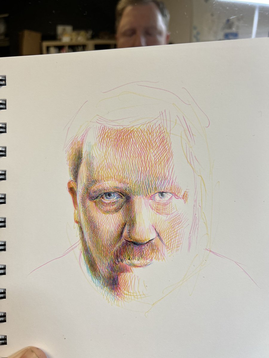 Started a self-portrait with my CMYK ballpoint pen. Definitely a bit easier to blend the right hues than with the RBGK Bic pens.