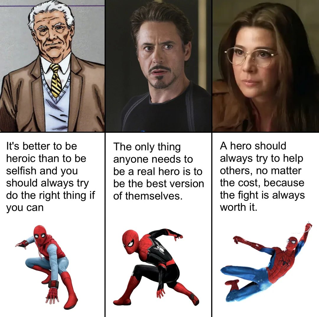 <a href="/NicholasMoore16/">Nicholas Moore (@nicktheponderer.bsky.social)</a> My personal understanding of how the 'great power' lesson morphs and echos over Peter's time as Spider-Man and what he learns from each mentor