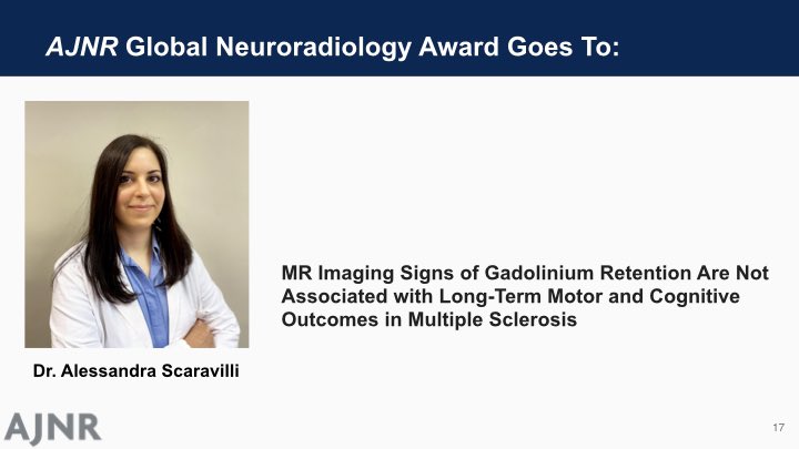 AJNR Global Neuroradiology Award Goes To:

Dr. Alessandra Scaravilli

MR Imaging Signs of Gadolinium Retention Are Not Associated with Long-Term Motor and Cognitive Outcomes in Multiple Sclerosis

#ASNR24