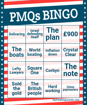 Today's Prime Minister's Question Time Bingo Card, good luck! #pmqs