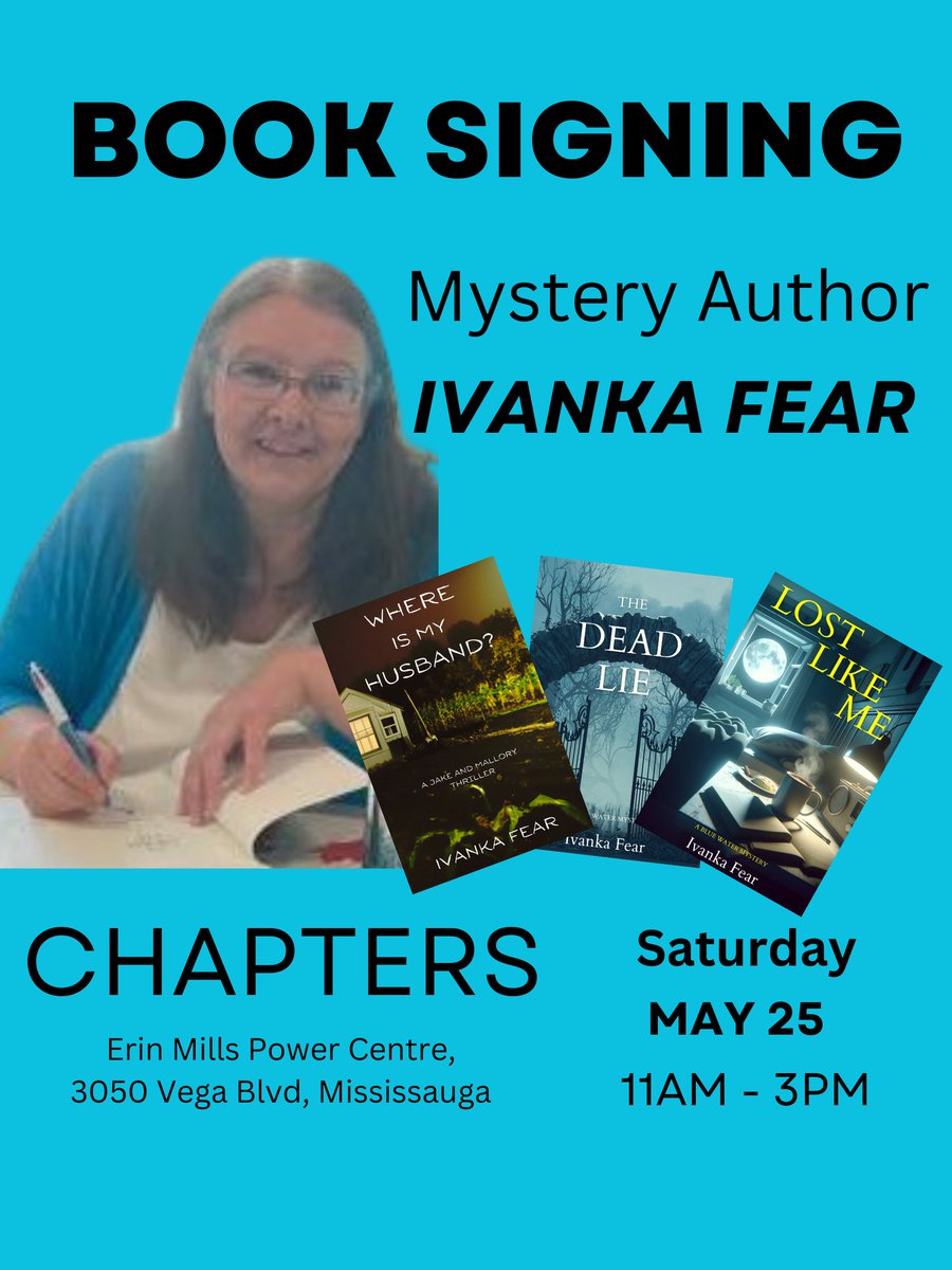 If you are in the Mississauga area Saturday, drop by Chapters Vega where I will be signing copies of Where is My Husband?, The Dead Lie, and Lost Like Me. #mysterybooks #thrillerbooks #booksigning #authorevent #mississaugaontario #chaptersvega