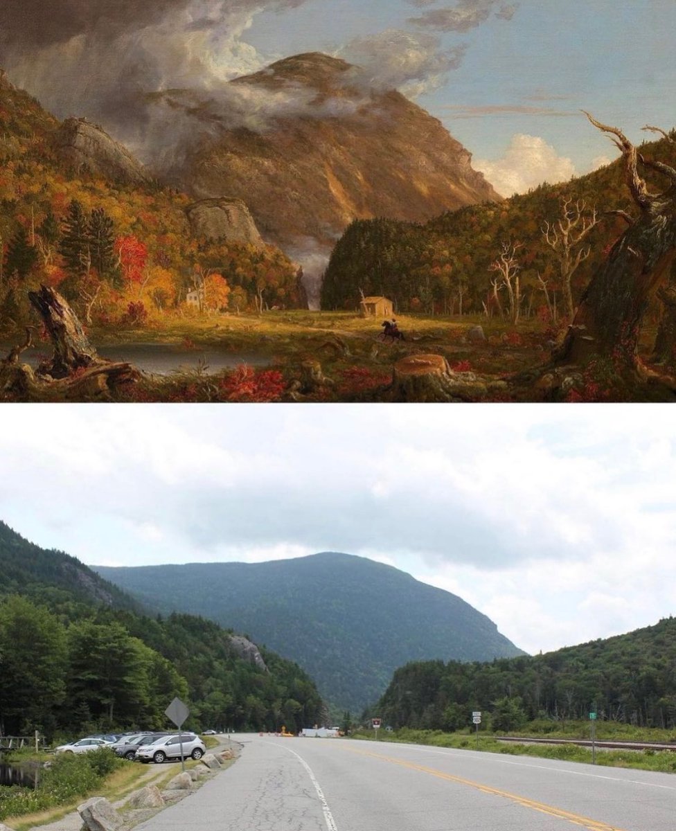 Crawford Notch in New Hampshire. An 1839 painting by Thomas Cole vs a 2018 photo.