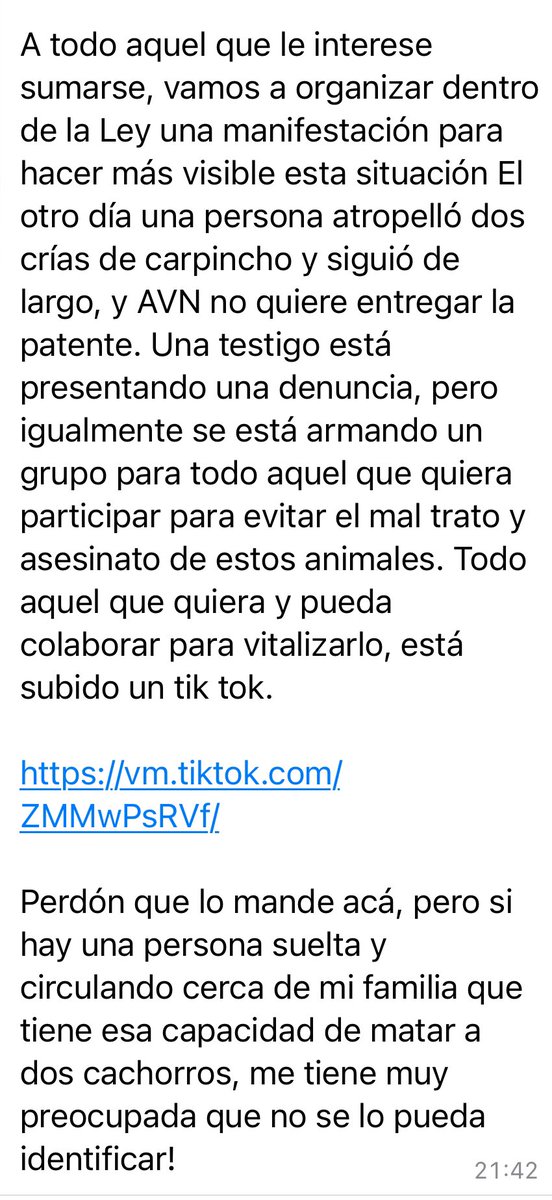 Me acabo de sumar a un grupo de WhatsApp de Nordelta de gente que quiere hacer una manifestación en defensa de los carpinchos porque una persona chocó a DOS CACHORROS ¡¡¡¡¡y no quieren investigar quién fue!!!!! Desde el día uno con los carpinchos ✊