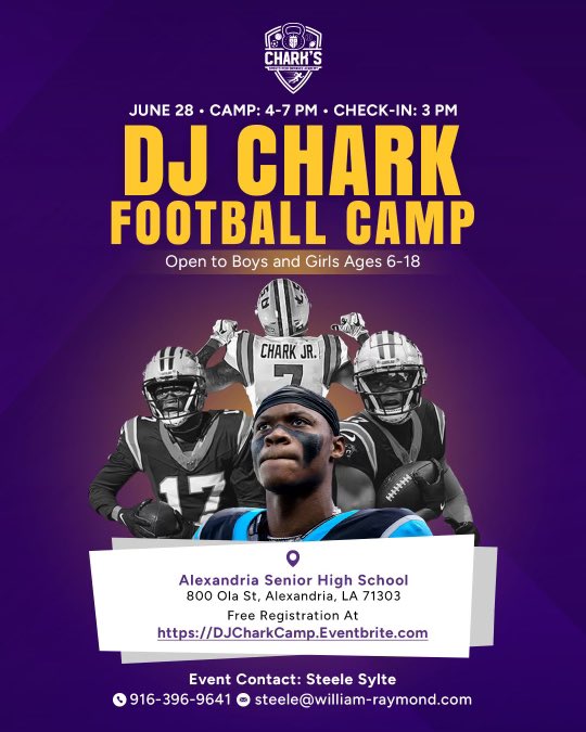 Coming home for my FREE youth football camp!! Open to boys and girls ages 6-18. We’ll get some football drills in, game fundamentals, and appearances from some special guests. Awards will be given out to some of the top campers, so bring your A-game! 

eventbrite.com/e/dj-chark-foo…
