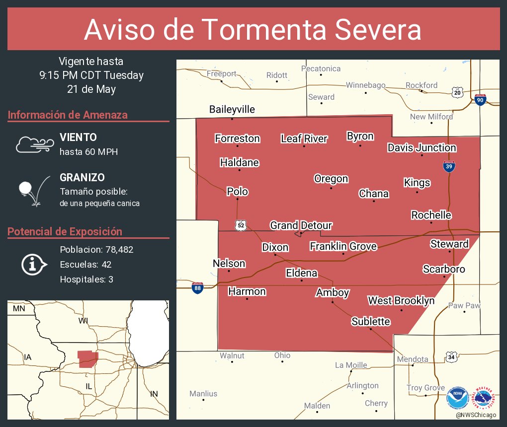 Aviso de Tormenta Severa incluye Dixon IL, Rochelle IL, Byron IL hasta las 9:15 PM CDT