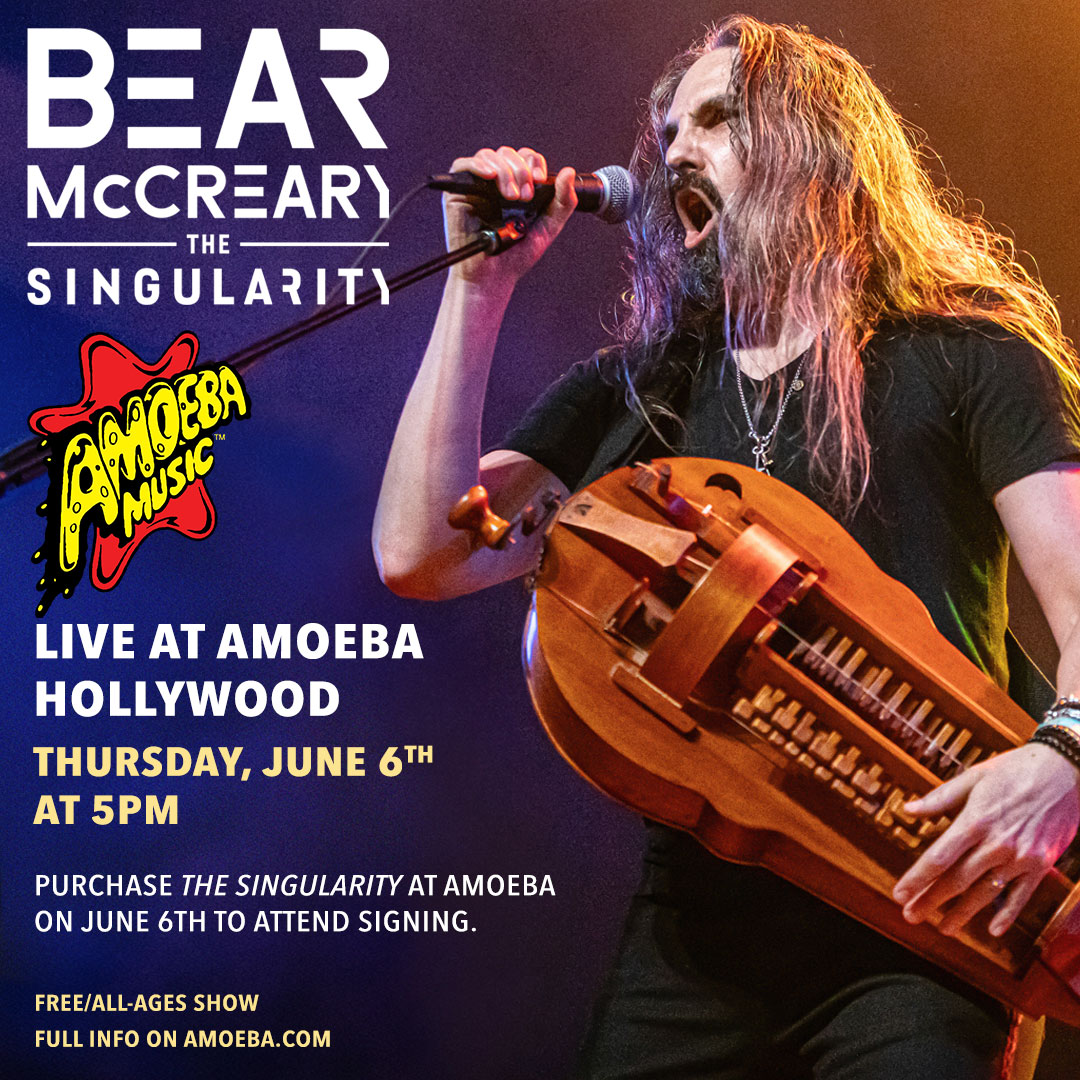 JUST ANNOUNCED: @bearmccreary is performing live + signing his new project 'The Singularity' at Amoeba Hollywood June 6 at 5pm! To attend the signing, purchase 'The Singularity' on 3LP or its companion graphic novel in-store only at Amoeba on 6/6. Info: bit.ly/4aq0uqs