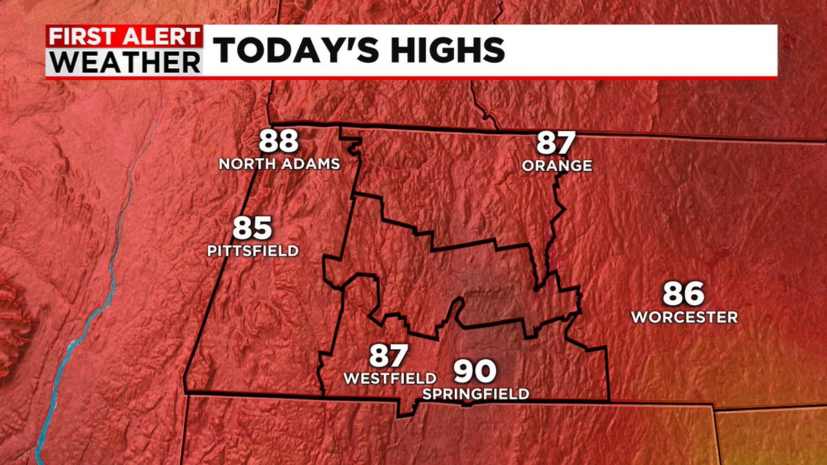 90 recorded in Springfield today thanks to storms staying north. Toasty afternoon for sure! #mawx