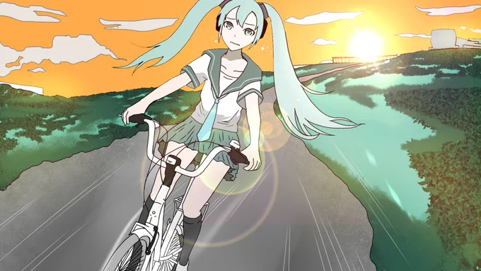 すのうてぃさんのミクさん!自転車で走っているスピード感がしっかり感じられる1枚だホー!背景、そしてミクさんの切ない表情も(・∀・)イイ!!ホー!【 #piapro #初音ミク
