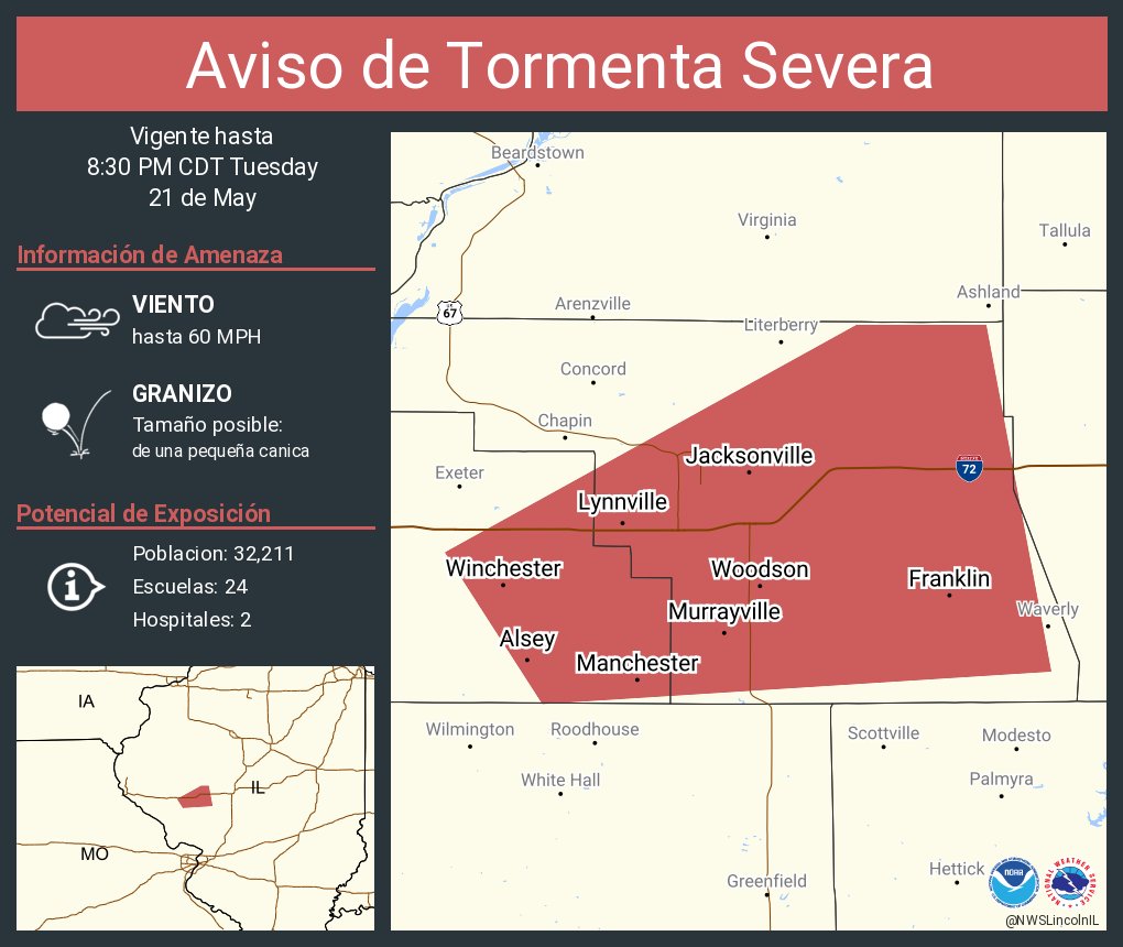 Aviso de Tormenta Severa incluye Jacksonville IL, South Jacksonville IL, Winchester IL hasta las 8:30 PM CDT