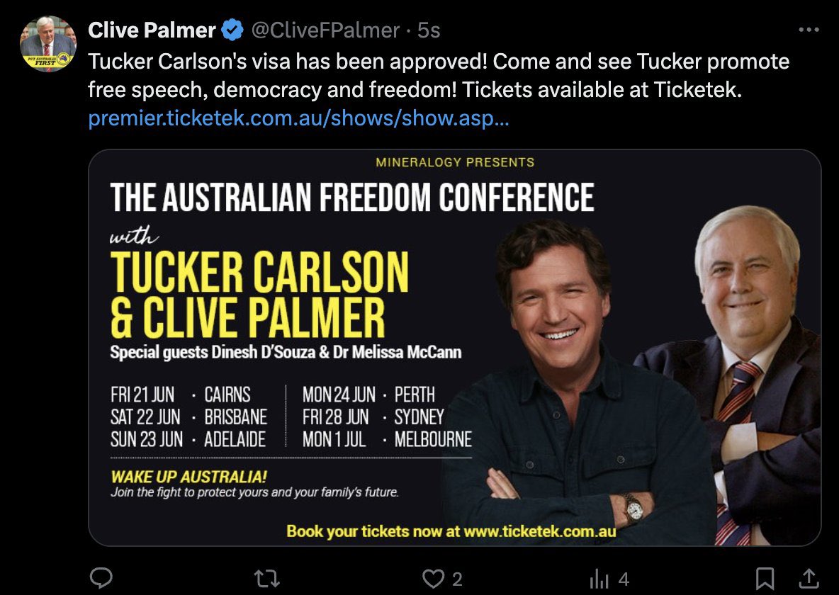 MFWitches's tweet photo. And here’s Palmer’s tweet from yesterday about Carlson’s Visa being approved. 

If the conference organisers know he’s such a divisive and horrible speaker, why would Palmer be surprised he gained a Visa to come here? 

Hmmm?

#TuckOff https://t.co/3C3mGPDKKa