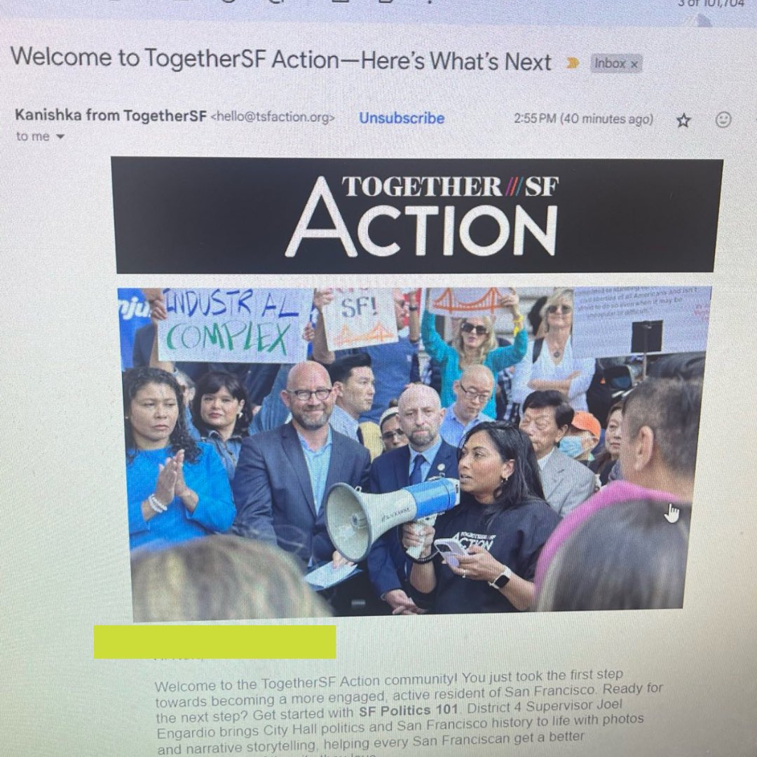 @WeAreTogetherSF In addition to the invite, the FIRST EMAIL I receive is from @TSFAction a 501c(4) org with close ties to @MarkFarrellSF’s mayoral campaign. TogetherSFAction urges me join @JoelEngardio’s Politics 101 event & says it “arms residents with tools to elect results oriented leaders”.