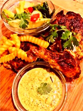 No Pollo Loco at this house!(Old pic-got devoured!) Pollo a Brasa, marinated two days in Peruvian herbs & spices.Traditionally served in our Peruvian home with spicy cilantro sauce,fries and avocado salad.Peru has given the dish its own national holiday! 💃#may21familyfoodnight