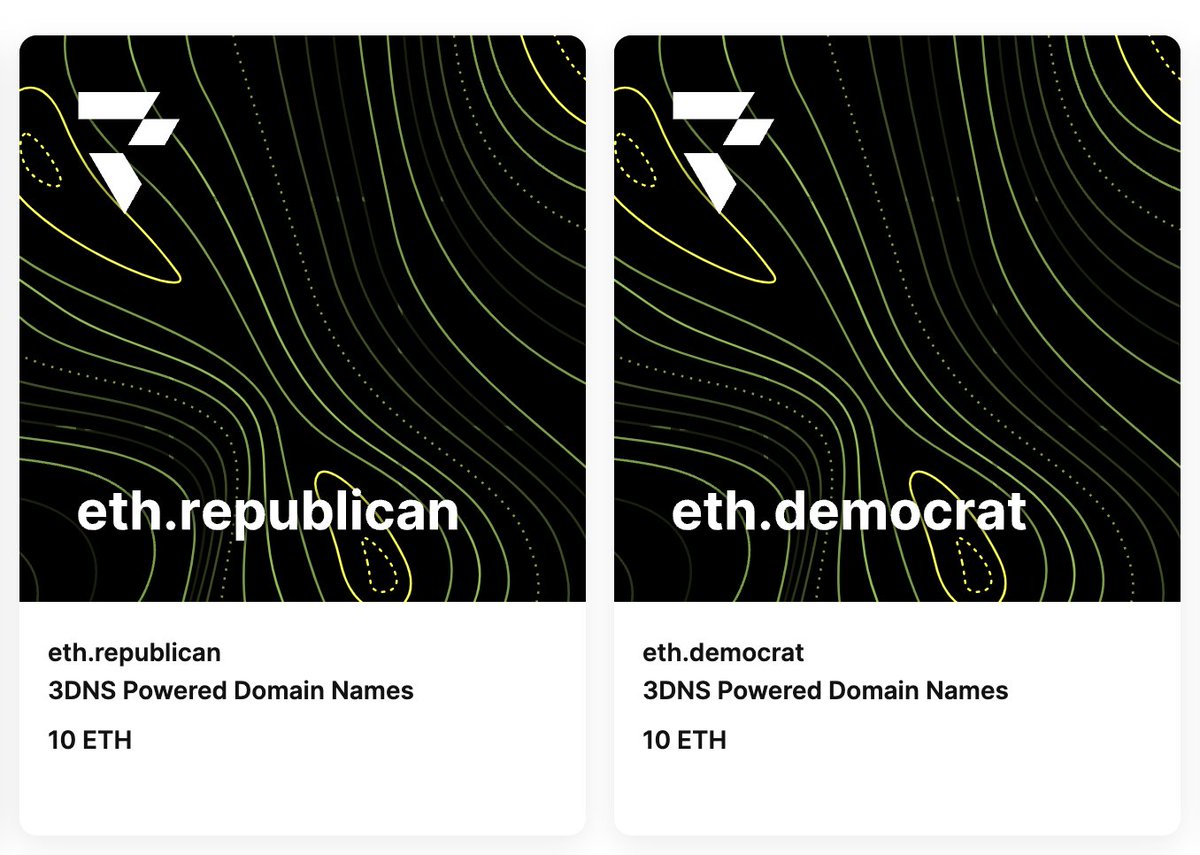 Dear @GOP and @TheDemocrats: Scale your crypto fundraising efforts through the most dynamic domain names possible. 
1. Works as a website
2. Works as a crypto donation address (via ENS)
3. Is a real NFT

Donors could send eth to these names or type them into a web browser.