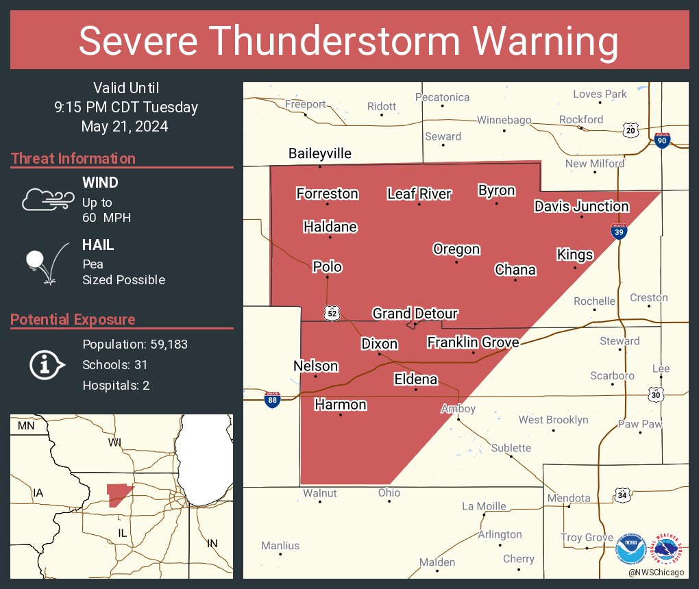 Severe Thunderstorm Warning continues for Dixon IL, Byron IL and Oregon IL until 9:15 PM CDT