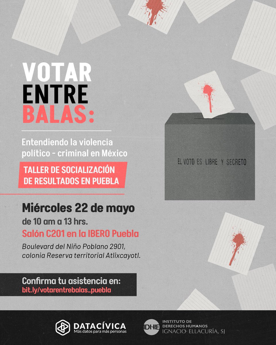 📌 ¡Atención #Puebla ! Mañana estaremos ofreciendo un taller para socializar resultados sobre violencia político-criminal en Puebla en la <a href="/IberoPuebla/">IBERO Puebla</a> . Para asistir es necesario que completen el registro siguiente: bit.ly/votarentrebala… 
¡Les esperamos!