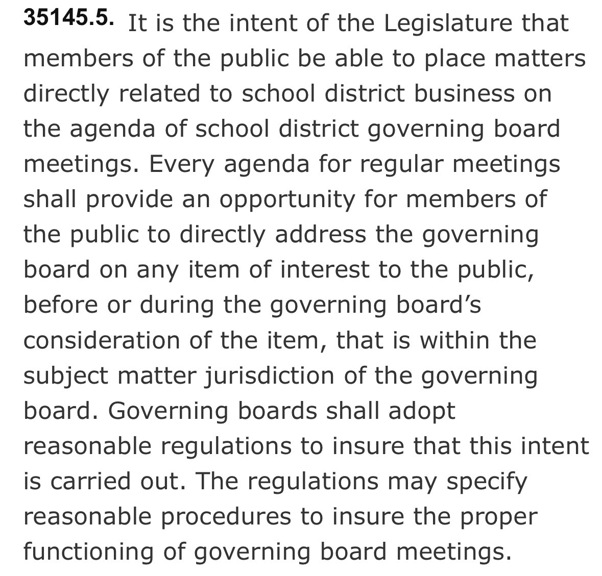Did you know California law allows members of the public to place matters directly related to school district business on the agenda of school board meetings?

School boards are also required to adopt reasonable regulations so that the intent of this law is carried out.
