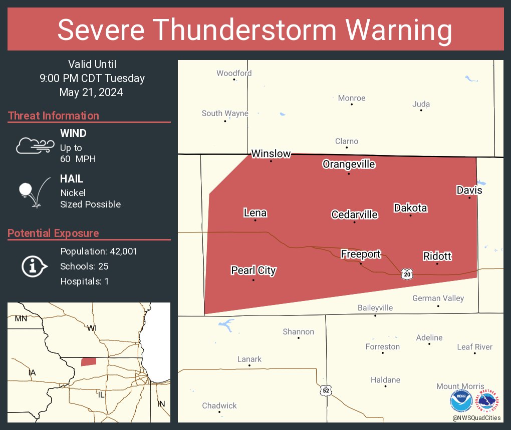 Severe Thunderstorm Warning including Freeport IL, Lena IL and Pearl City IL until 9:00 PM CDT