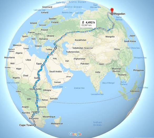 The longest road in the world to walk, is from Cape Town (South Africa) to Magadan (Russia).

22,387 Kilometers and would take 560 days walking 40kms per day. All roads.

17 countries, six time zones.

Who’s in? 🚶🏽‍♂️🚶‍♀️😄

#keepmoving #longwalk #walking