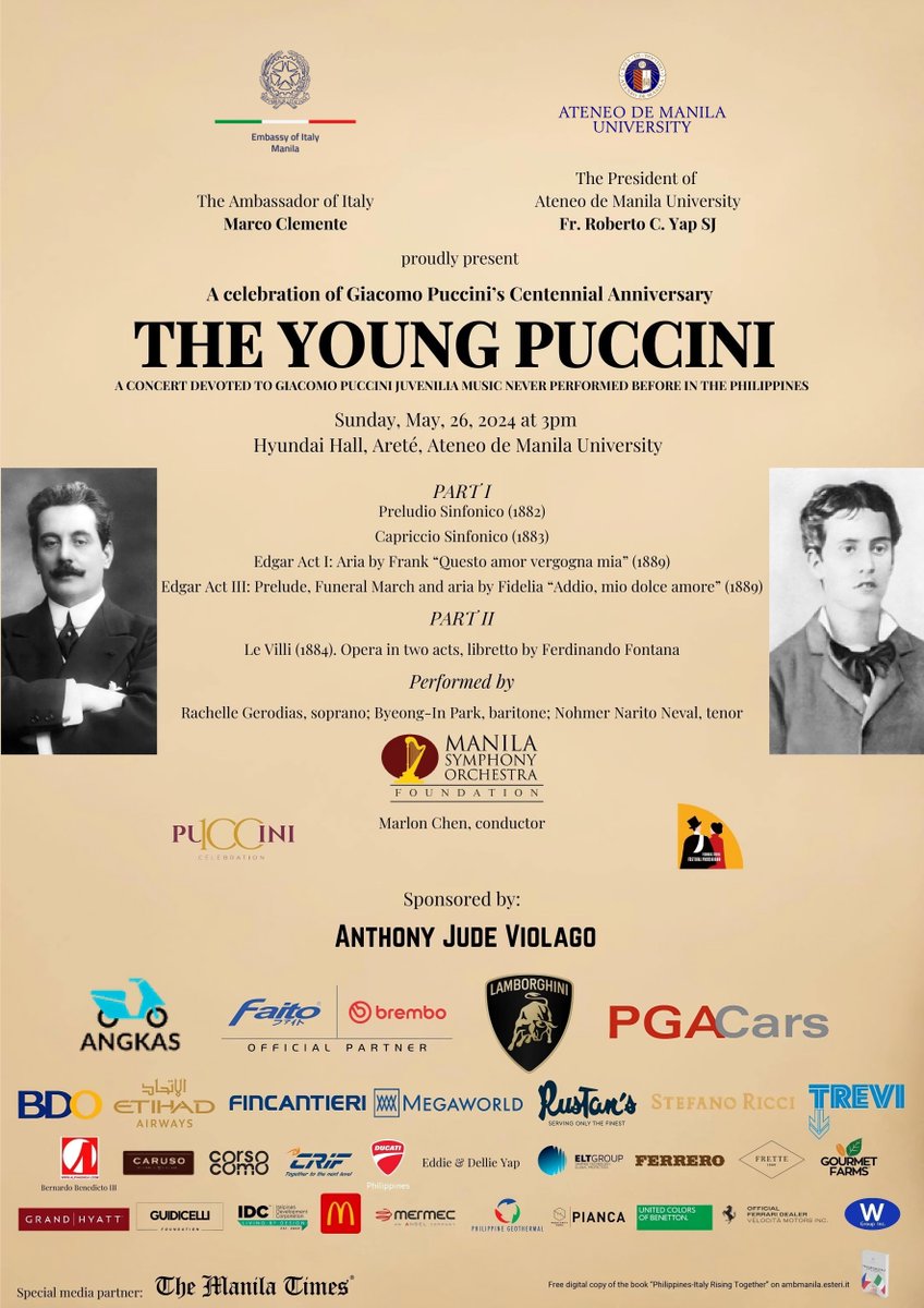 The Ateneo community is invited to an exclusive concert featuring the early compositions of Giacomo Puccini, as performed by Rachelle Gerodias (Soprano), Byeong-In Park (Baritone), Nohmer Narito Neval (Tenor), and the Manila Symphony Orchestra.

Details: ateneo.edu/events/2024/05…