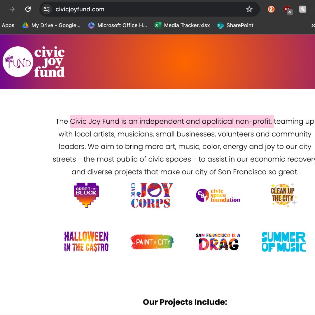 @WeAreTogetherSF @TSFAction @MarkFarrellSF @JoelEngardio I went on Civic Joy Fund’s website to find fun non partisan events in SF— the website says it’s an apolitical nonprofit. But now I’m on a mailing list for a 501c(4) org funded by GOP dollars, urging me to support tough-on-crime conservative candidates in the city!