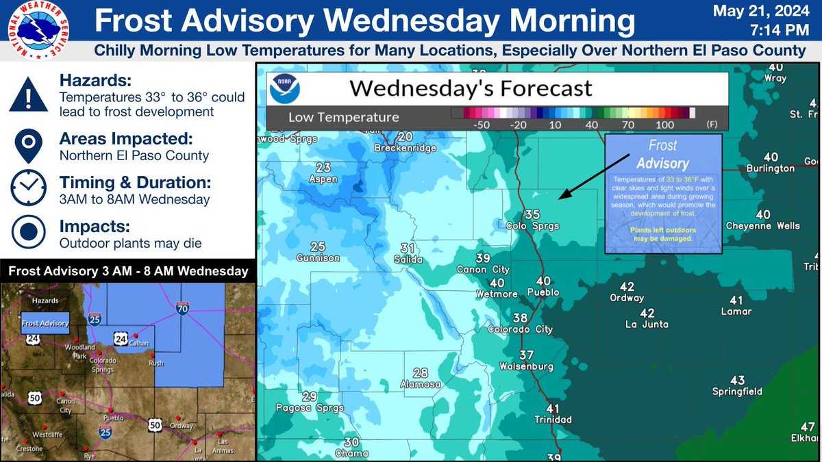Near freezing temperatures may lead to frost development over northern El Paso County early Wednesday morning. Be sure to bring in sensitive plants or cover them if you can! #cowx