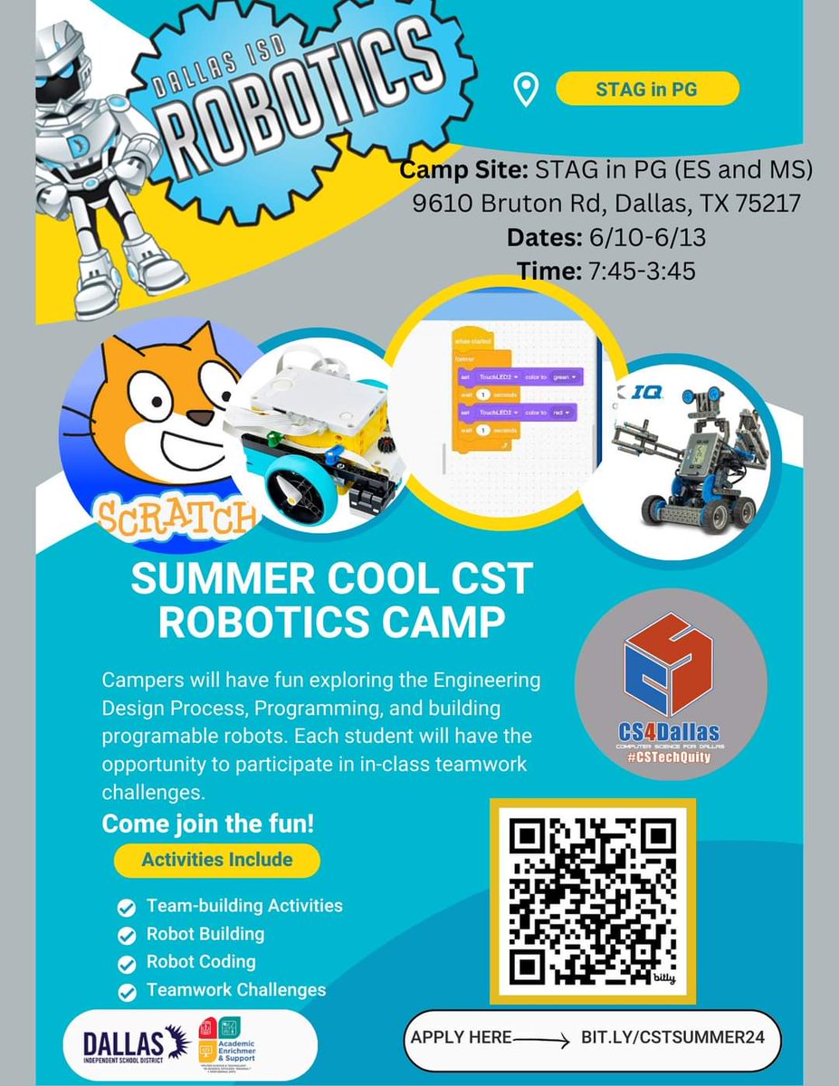 @MrCortezRobotic and I are excited that we will be hosting @DallasisdSTEM Summer Cool Robotics Camp @STAGinPG ! Check out the flyer for more info!