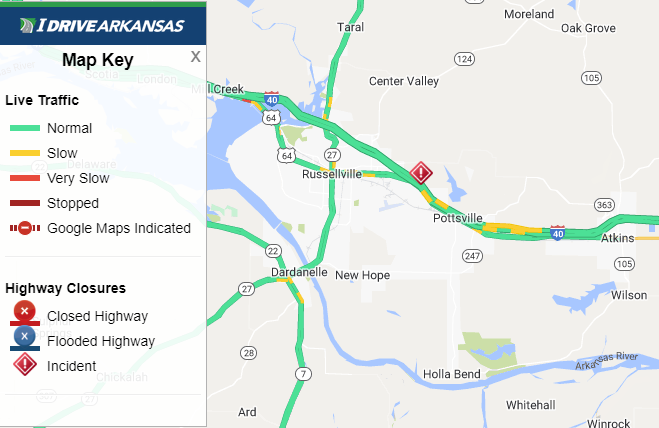 Pope Co: (UPDATE) EB right shoulder remains blocked at Mile Marker 85.4 (Russellville) due to an accident involving a tractor-trailer. Monitor IDriveArkansas.com for the latest information. #artraffic #nwatraffic