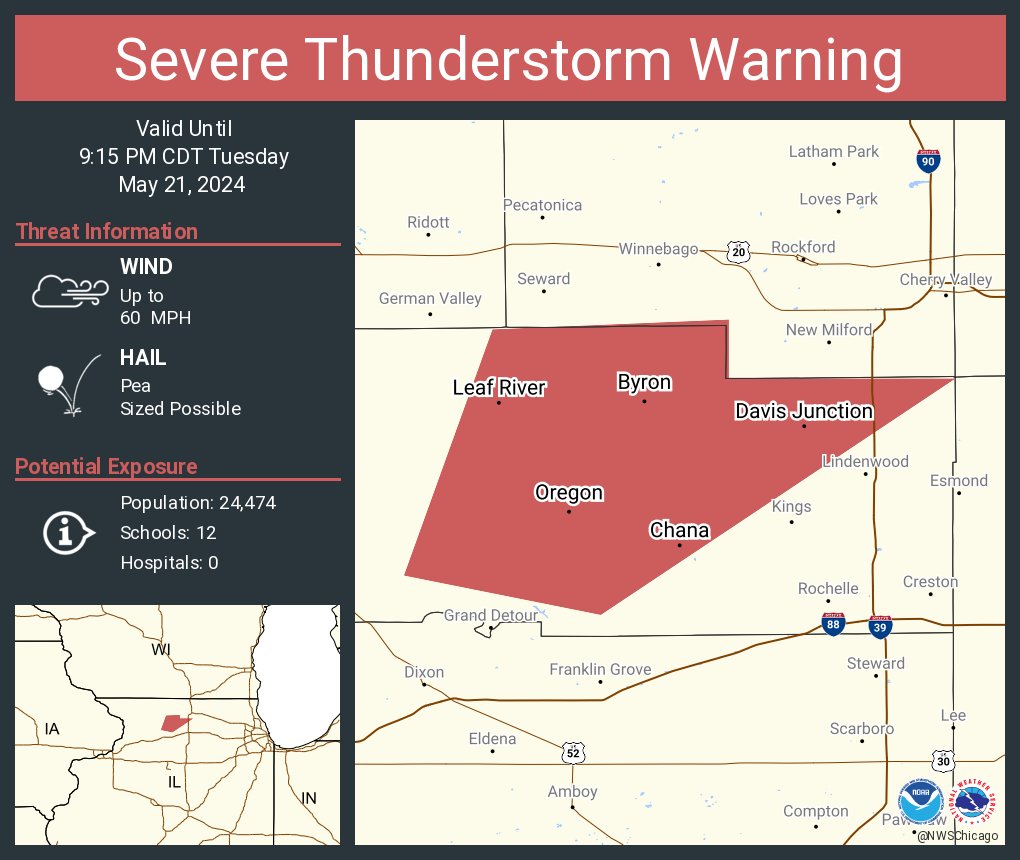 Severe Thunderstorm Warning continues for Byron IL, Oregon IL and Mount Morris IL until 9:15 PM CDT