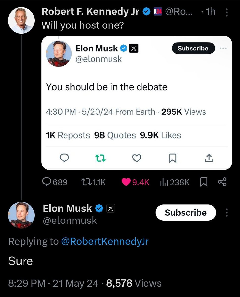 🚨#BREAKING- ELON MUSK AGREES TO HOST PRESIDENTIAL DEBATE with Robert Kennedy Jr. on 𝕏 Spaces Do we think Trump and Biden would agree to this?