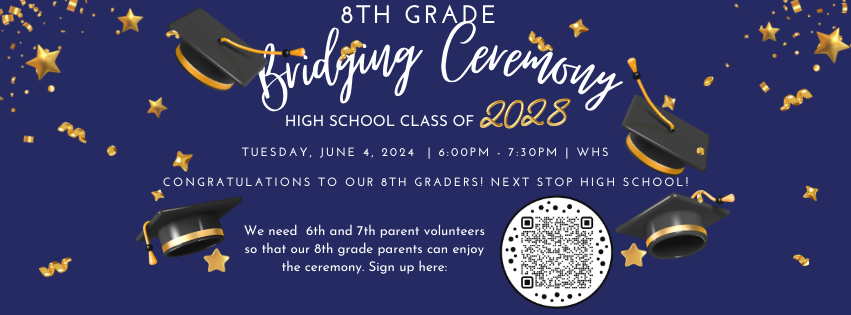 WBMS will host an 8th Grade Bridging Ceremony on June 4th at West High School! Lets celebrate our students graduating from Middle School! We need VOLUNTEERS! Please PAY IT FORWARD and sign up here! signupgenius.com/go/60B044AA5A6… @WestBriarMS