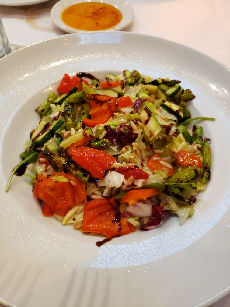 Tonight's Dindin: Grilled veggies, orzo, farro, sweet garlic vinaigrette, and a drizzle of balsamic glaze, with all of it slightly warmed from the grilling.