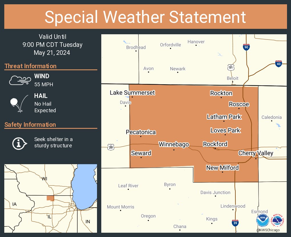 A special weather statement has been issued for Rockford IL, Loves Park IL and Machesney Park IL until 9:00 PM CDT