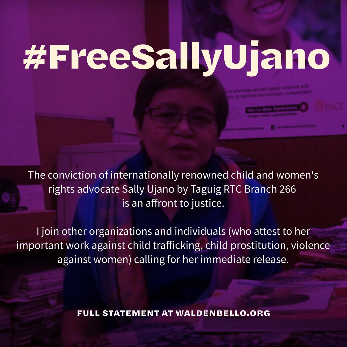 #FreeSallyUjano now!
The conviction of renowned child and women's rights advocate Sally Ujano is an affront to justice.
I join others (who attest to her important work against child trafficking, child prostitution, violence against women) calling for her immediate release.
