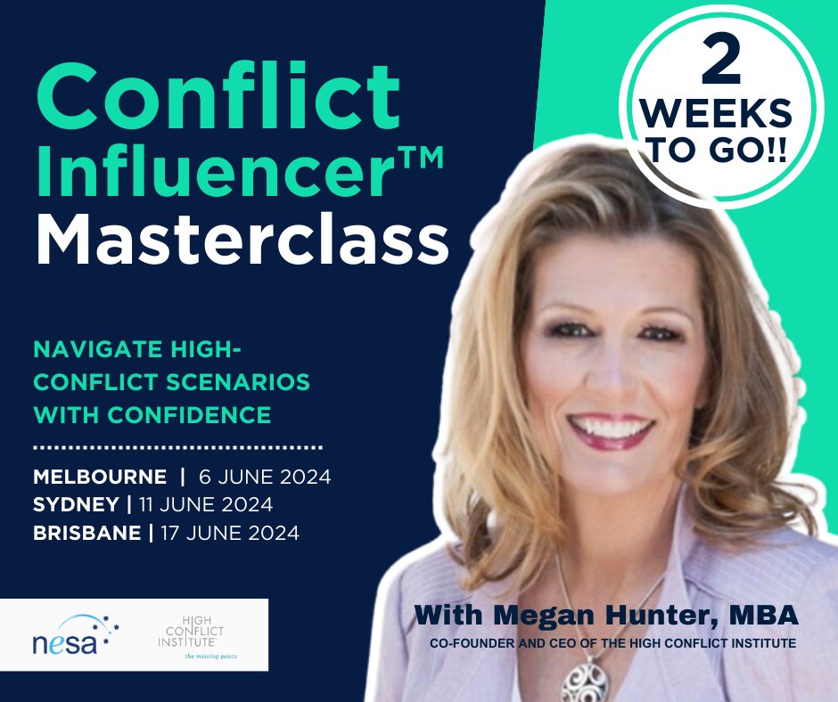 2 WEEKS TO GO!!
NESA Conflict Influencer Masterclass
Melbourne 6 JUNE  |  Sydney 11 JUNE  |  Brisbane 17 JUNE

Equip your organisations with the skills needed to manage aggressive &amp; psychologically harmful behaviours.

REGISTER NOW: ow.ly/9FSC50Rt8jk