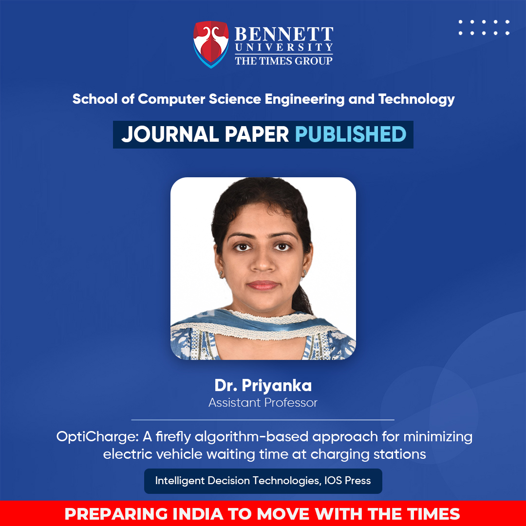 Congratulations to Dr. Priyanka (Assistant Professor #scsetbennett) for acceptance of the #research paper for #publication in Intelligent Decision Technologies, IOS Press.

#bennettuniversity #FacultyatBU #ElectricVehicles #ChargingStations #OptiCharge #dynamicschedulings