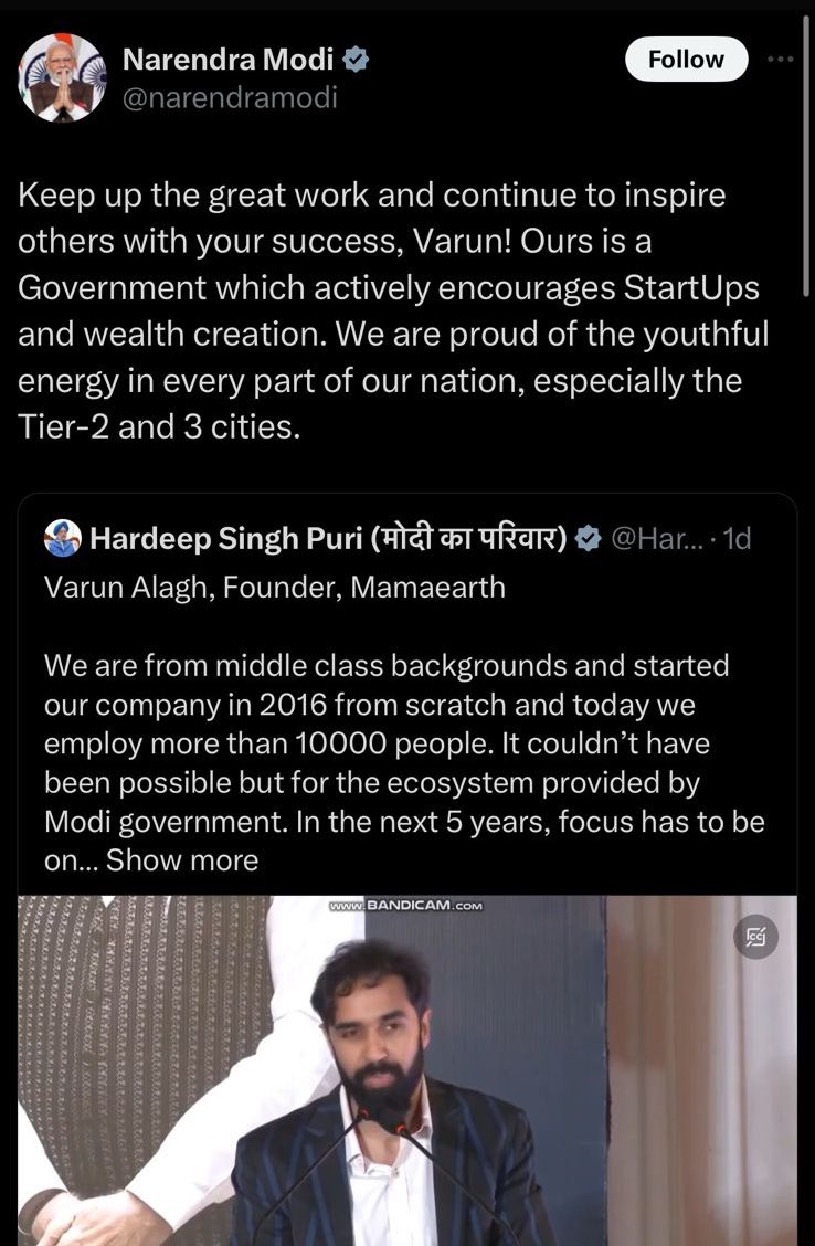 Varun Alagh (@varunalagh) on Twitter photo When honorable PM <a href="/narendramodi/">Narendra Modi</a> takes the time and effort to recognize builders, innovators and contributors, you know Viksit Bharat is an idea whose time has come and no one can stop us. What a fabulous morning 😊. Thanks <a href="/HardeepSPuri/">Hardeep Singh Puri</a> ji for this platform 🙏🏻. When honorable PM <a href="/narendramodi/">Narendra Modi</a> takes the time and effort to recognize builders, innovators and contributors, you know Viksit Bharat is an idea whose time has come and no one can stop us. What a fabulous morning 😊. Thanks <a href="/HardeepSPuri/">Hardeep Singh Puri</a> ji for this platform 🙏🏻.