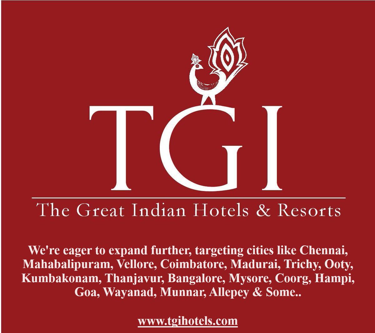 The Great Indian Hotels & Resorts, TGI Group of Hotels eager to expand their hotels in Thanjavur, Kumbakonam, Trichy, Madurai, Vellore ........
@tgi_hotels 

#Thanjavur #Kumbakonam #Hotels #Resorts  @NewThanjavur
